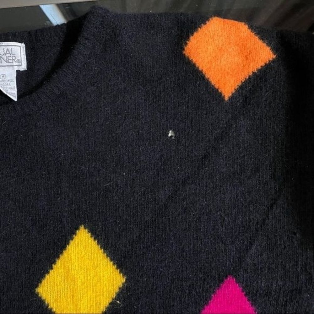 Vintage Casual Corner Wool Rabbit Sweater 90s Black Colorful Diamonds Size M - Picture 10 of 10
